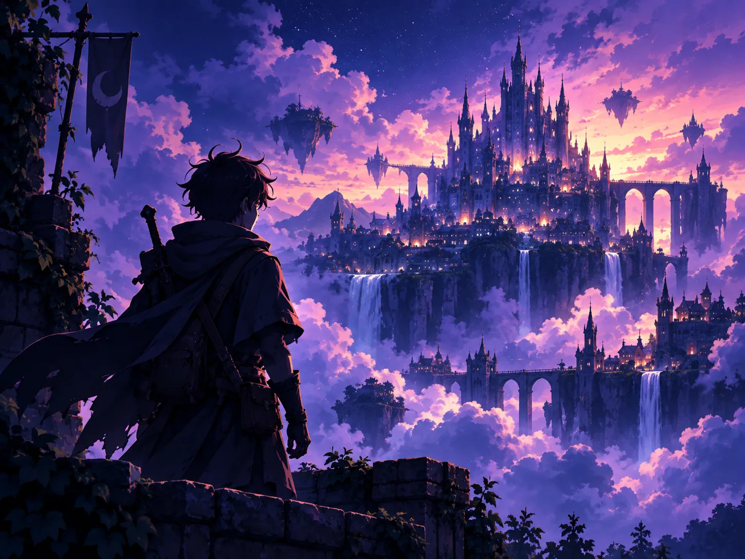 Aventurier face à une cité fantastique
