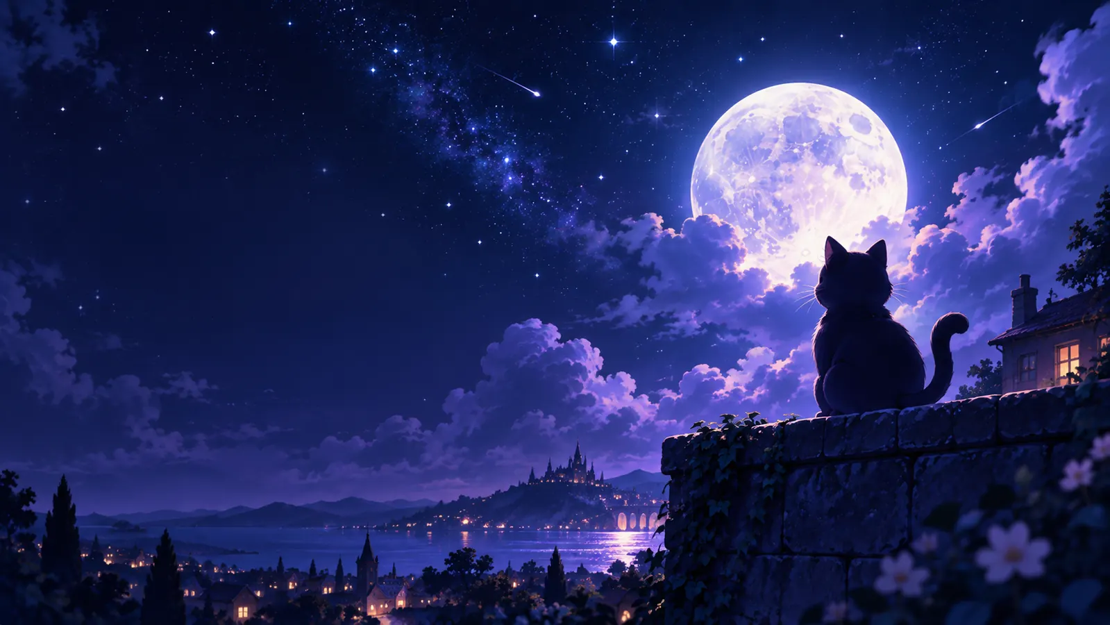 Chat observant une grande lune dans un paysage de rêve
