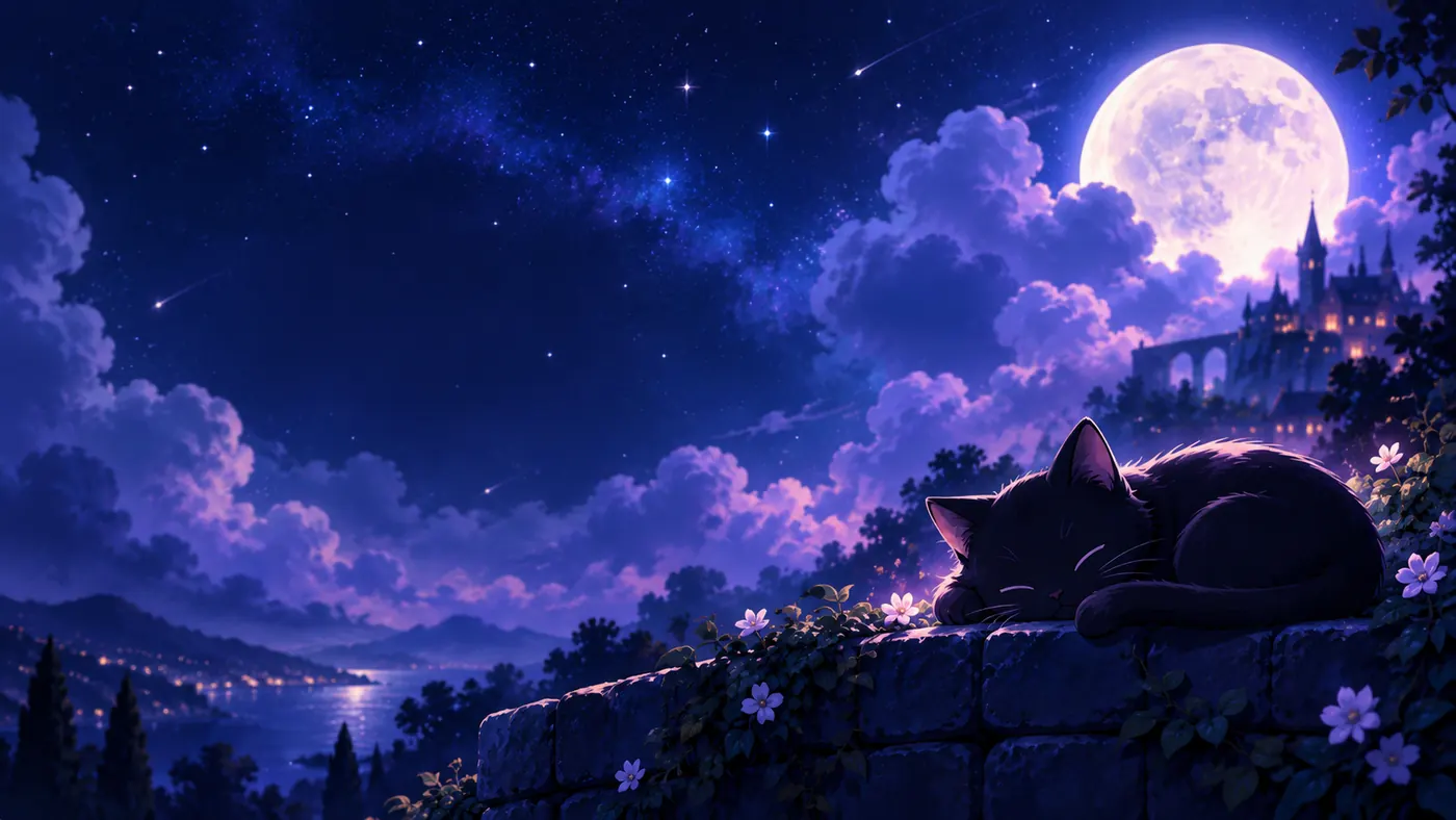 Chat endormi sous un ciel étoilé